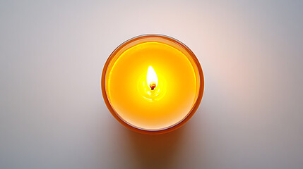 Poster - Burning wax candle on white background, top view