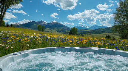 Poster - bubbling hot tub with a view of a vibrant wildflower meadow and majestic mountain range under a blue