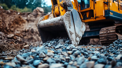 Poster - Close-up excavator bucket operating on a construction site, moving gravel stones for a foundation building