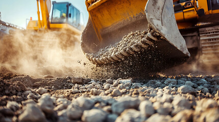 Poster - Close-up excavator bucket operating on a construction site, moving gravel stones for a foundation building