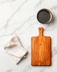 Poster - Overhead view of a minimalist marble countertop featuring a wooden board and delicate cloth napkin creating a serene and balanced composition for a peaceful natural kitchen or dining scene