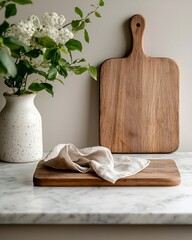 Poster - Refined marble countertop with a rustic wooden board and a flowing cloth napkin in a serene minimalist scene