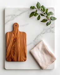 Poster - Overhead view of a serene and balanced composition featuring a minimalist marble countertop a wooden board and a delicate cloth napkin creating a clean and elegant table setting