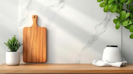 Poster - Overhead view of a clean minimalist marble countertop with a wooden cutting board and soft white linen accents