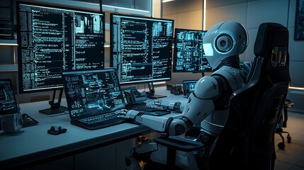 Poster - Robot programmer working on multiple computer screens in a dark office.
