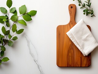 Poster - Refined marble countertop with a sleek wooden board and carefully arranged linen napkin photographed from an aerial point of view using warm natural lighting to create a clean modern