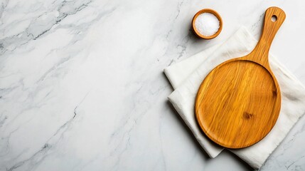 Poster - Overhead perspective of a tranquil and refined culinary still life showcasing a marble countertop with a wooden board and soft linen napkin