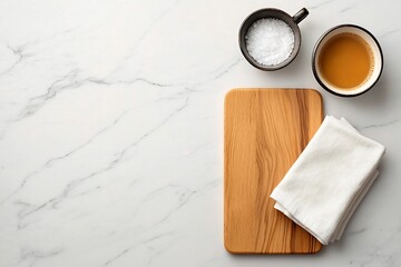 Poster - Overhead view of a pristine marble countertop featuring a wooden cutting board and neatly placed linen napkin showcasing a clean uncluttered and contemporary minimalist design with bright