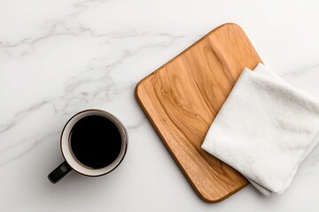 Poster - Pristine marble countertop featuring a wooden board and precisely placed linen napkin shot from an overhead perspective to highlight the clean uncluttered arrangement  Bright