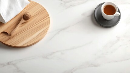 Poster - Overhead view of a marble countertop with a wooden cutting board and white linen fabric showcasing a simple yet elegant Scandinavian inspired composition with soft shadows and a comforting
