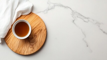 Poster - Overhead view of a simple yet elegant composition featuring a marble countertop wooden serving board and crisp white linen