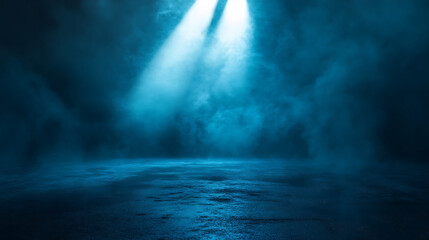 Fototapete - Dark empty scene, blue neon searchlight light, wet asphalt, smoke, night view, rays