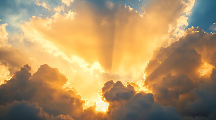 Wall Mural - Display of white and golden clouds with sunbeams breaking through