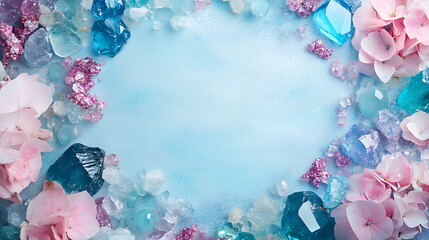 Poster - Frame of crystals and gem stones, sea glass, blue and pink colors