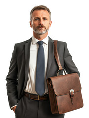 Poster - confident man in formal suit holding leather briefcase, isolated on transparency background, exuding professionalism and authority