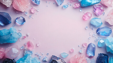 Poster - Frame of crystals and gem stones, sea glass, blue and pink colors