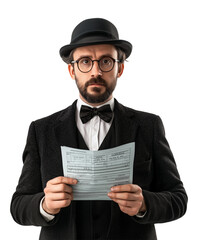 Poster - man in formal attire, wearing bowler hat and glasses, holds tax form with serious expression, isolated on transparency background