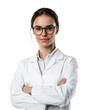© DOUGLAS - Confident female scientist or researcher wearing white lab coat and glasses, standing with arms crossed, isolated on transparency background