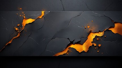 Poster - Dramatic abstract image featuring a seamless background of ebony and slate colored marble with vibrant golden ribbons and veins showcasing a bold and impactful textural design and a sleek