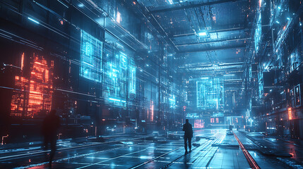 Fototapete - Futuristic technology retail warehouse: how industry 4, 0 digitizes and visualizes goods analysis
