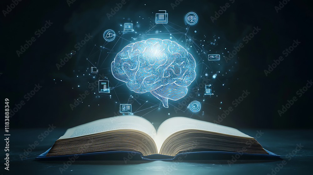 Glowing virtual brain floats above an open book with leaning icons on ...