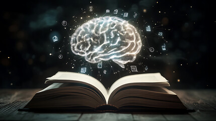 Aufkleber - Glowing virtual brain floats above an open book with leaning icons on dark background which is a symbol of study a knowledge will help solve problem and solution concept