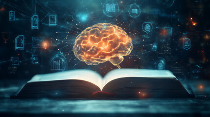 Aufkleber - Glowing virtual brain floats above an open book with leaning icons on dark background which is a symbol of study a knowledge will help solve problem and solution concept