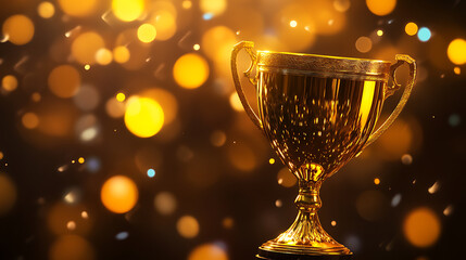 Poster - Golden e-sports winner trophy with yellow neon lights blurred background
