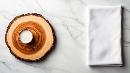 Poster - Elegant marble surface showcasing a rustic wooden board and clean white napkin arranged in an overhead composition with a refined minimalist aesthetic