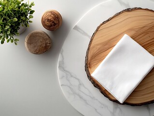 Poster - Overhead shot of a minimalist marble table featuring a rustic wooden board and crisp white linen napkin captured with a professional DSLR and macro for detail and a sophisticated elegant aesthetic