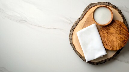 Poster - Sleek marble table surface showcasing a rustic wooden board and pristine white linen napkin captured in a high angle overhead composition with a refined