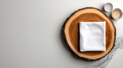 Poster - Overhead view of a sleek marble tabletop surface contrasting against a rustic wooden board and a crisp white linen napkin presented in a symmetrical and balanced composition  Soft