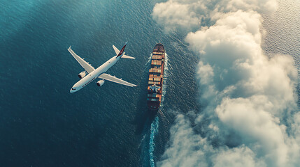 Poster - High altitude view of an airplane passing through the clouds, a cargo ship sailing on the sea, a clear sky, blue and white tones, creative use