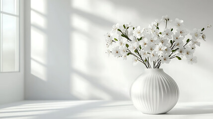 Poster - Home interior with white flowers in a vase on a light background for product display