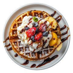 Poster - delicious waffle topped with whipped cream, fresh berries, banana slices, and drizzled with chocolate syrup, served on white ceramic plate