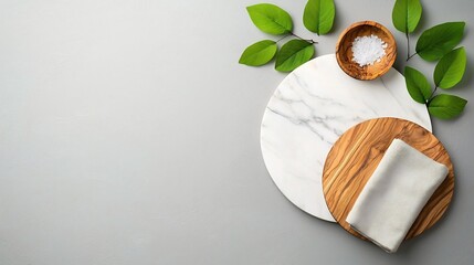 Poster - Overhead shot of a marble tabletop with a natural wood board and soft fabric napkin arranged in a symmetrical and ordered composition with clean lines and a Scandinavian aesthetic