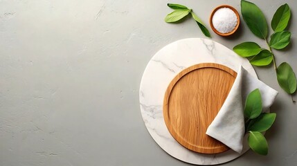 Poster - Overhead view of a minimalist marble tabletop featuring a natural wood board and soft fabric napkin arranged in a symmetrical and ordered composition with clean lines and a Scandinavian aesthetic