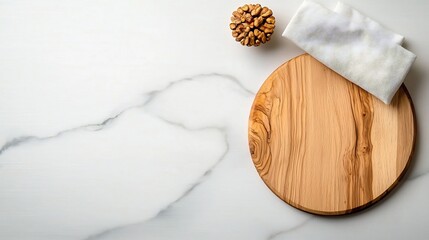 Poster - Overhead view of a marble tabletop with a natural wood board and a soft fabric napkin captured in a symmetrical and ordered composition with sharp focus and clean lines