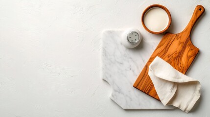 Poster - Overhead view of a marble tabletop showcasing a natural wood board and soft linen napkin with a clean symmetrical composition embodying a minimalist and sophisticated Nordic interior design aesthetic