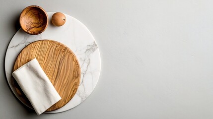 Poster - Overhead view of a marble tabletop showcasing a natural wood board and soft linen napkin captured in a clean