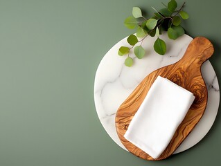 Poster - Overhead view of an elegant marble tabletop showcasing a natural wood board and fresh white linen napkin captured in soft focus with warm lighting