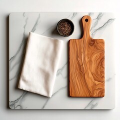 Poster - Overhead angle view of a marble tabletop displaying a rustic wooden board and soft ivory linen napkin a curated culinary vignette in a digital painting style with a vibrant yet refined color palette