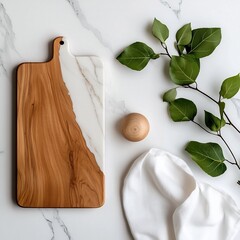 Poster - Marble tabletop scene with a wooden board and white linen cloth captured from an aerial viewpoint using a tilt shift for a shallow depth of field evoking a sense of simplicity and elegance