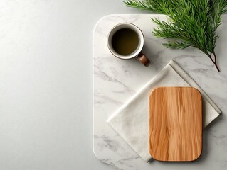Poster - A top down perspective showcasing a simple yet elegant still life on a marble tabletop  The scene features a handcrafted wooden board and a delicate linen napkin