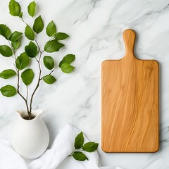 Poster - Elegant and Simplistic Marble Tabletop Scene with Wooden Cutting Board and White Linen Cloth Captured from an Aerial Viewpoint Using a Tilt Shift for a Shallow Depth of Field
