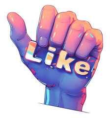 Poster - vibrant 3D illustration of hand giving thumbs up gesture with word Like prominently displayed, featuring holographic and neon gradient colors for modern, digital aesthetic