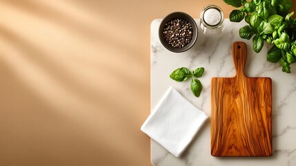 Poster - Elegant overhead shot of a marble tabletop featuring a natural wooden chopping board and a delicate snow white linen napkin