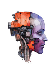 Poster - Watercolor illustration of robotic face with purple and orange tones, showcasing intricate mechanical details and futuristic design, blending technology and art beautifully