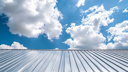 Wall Mural - Metal sheet roof, galvanized surface, steel roofing sheet, house and sky view with bright white clouds in sunny day