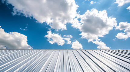 Wall Mural - Metal sheet roof, galvanized surface, steel roofing sheet, house and sky view with bright white clouds in sunny day